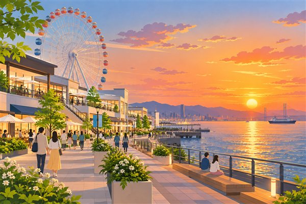 観覧車と夕日の海辺のアウトレットのイメージイラスト