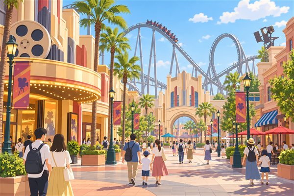 映画の世界をテーマにした遊園地のイメージイラスト