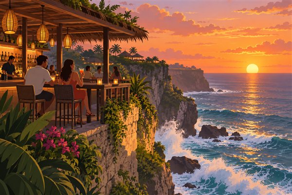 海の崖の上のバーと夕日のイメージイラスト