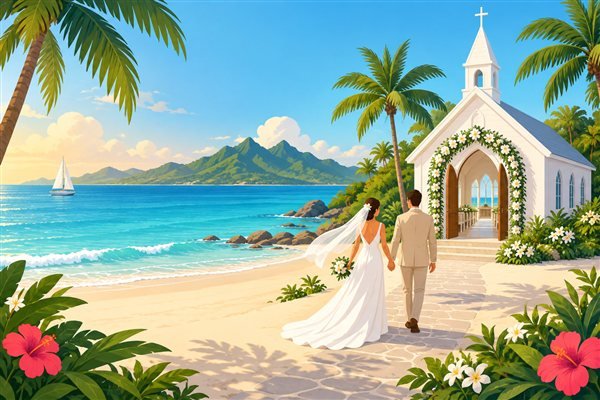 南国の海辺の白いチャペルのイメージイラスト