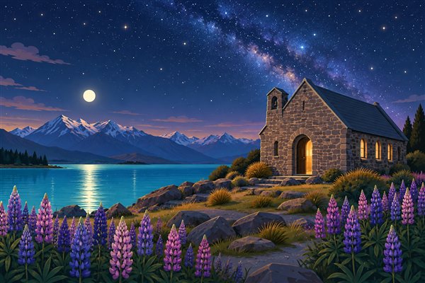 星空の湖畔に建つ小さな石の教会のイメージイラスト
