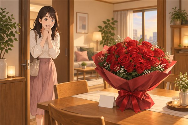 部屋で待つバラの花束のサプライズのイメージイラスト