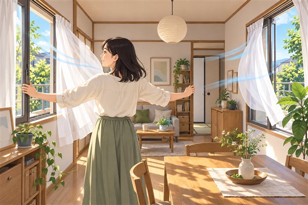 窓を開けて部屋を換気するイメージイラスト
