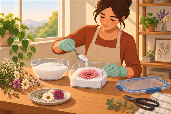 花を上向きにシリカゲルに埋めるイメージイラスト