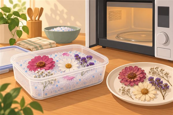 電子レンジを使ったドライフラワー作りのイメージイラスト