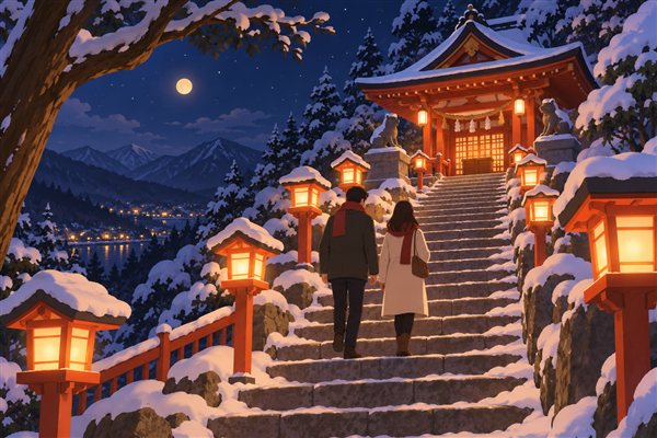 雪のライトアップの神社の石段のイメージイラスト