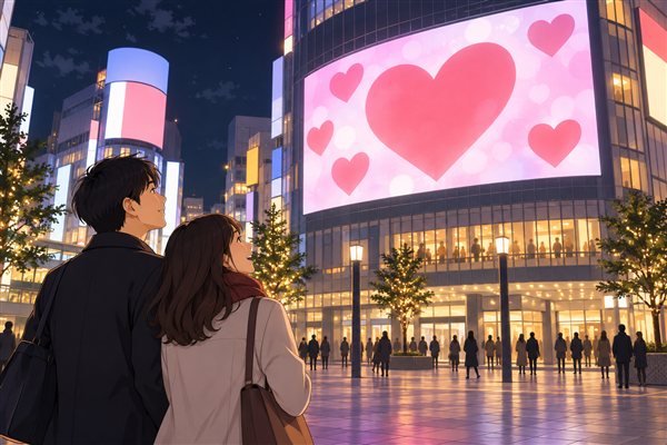 街頭の大型ビジョンでのプロポーズのイメージイラスト