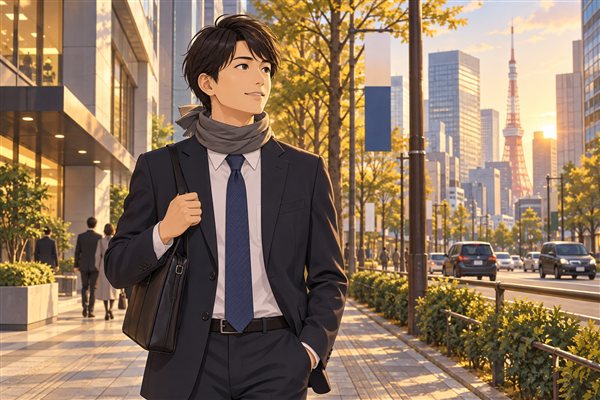 スーツにマフラーを後ろ結びにしたイメージイラスト