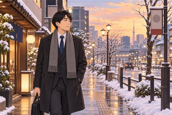 スーツにマフラーを首に掛けたイメージイラスト