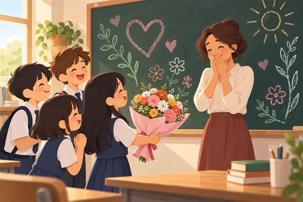 生徒が先生に花束を渡すサプライズのイメージイラスト