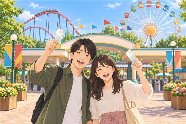テーマパークのチケットを持つカップルのイメージイラスト