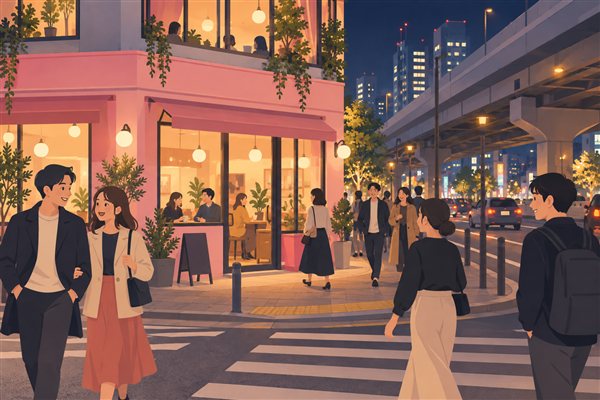 夜の繁華街の交差点のイメージイラスト