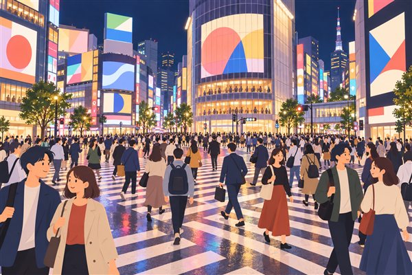 夜のスクランブル交差点のイメージイラスト