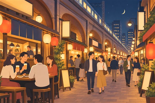 高架下に飲食店が並ぶ通りのイメージイラスト