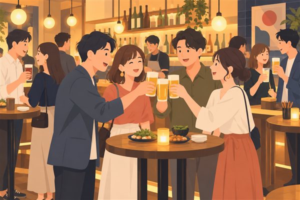にぎやかなスタンディングバーのイメージイラスト