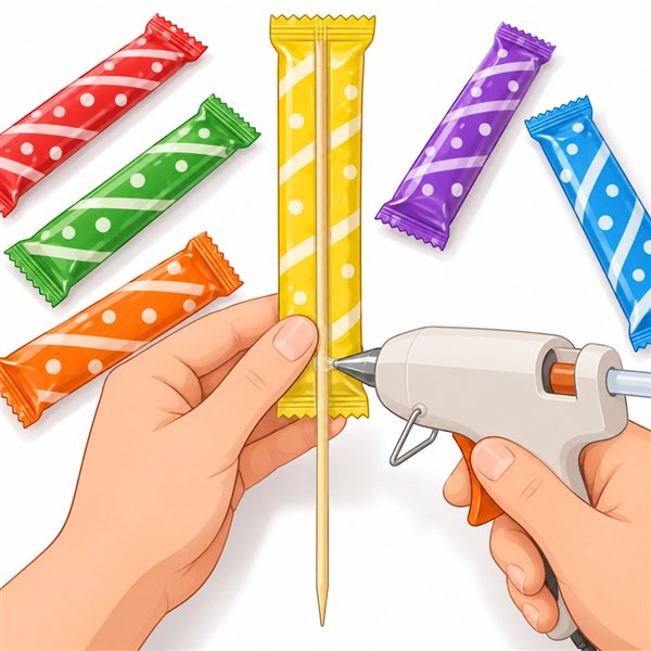 工程1：グルーガンでスティック菓子に竹串を付けるイラスト