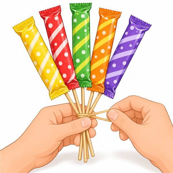 工程2：竹串を付けたお菓子を5本ほどまとめて輪ゴムで留めるイラスト