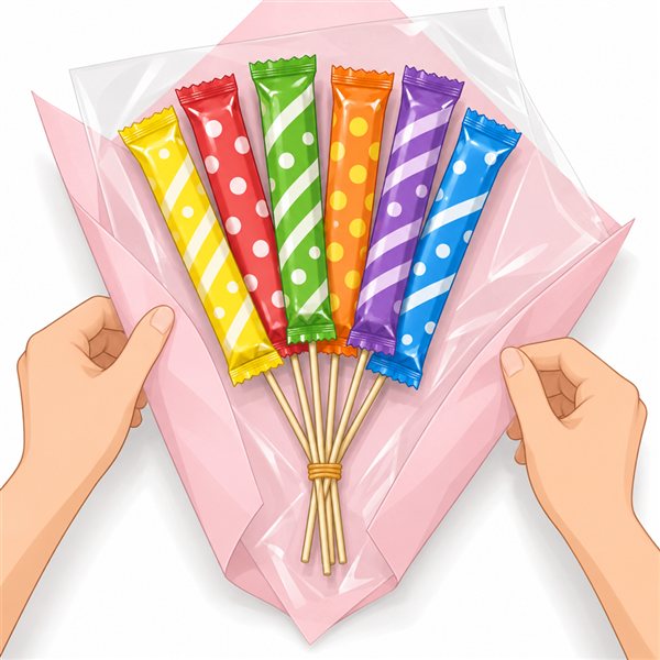 工程3：包装紙とフィルムを少しずらして重ねて包むイラスト