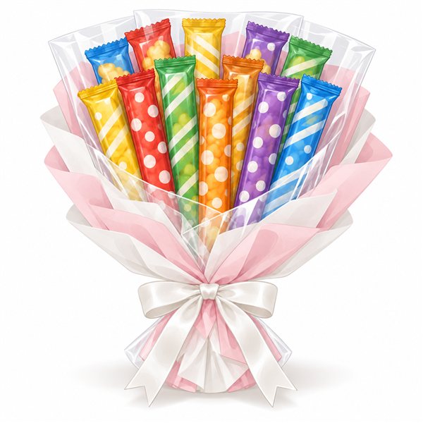 ビニール袋に入れたお菓子を白とピンクの包装紙で包んだ結婚式向けのお菓子ブーケのイラスト