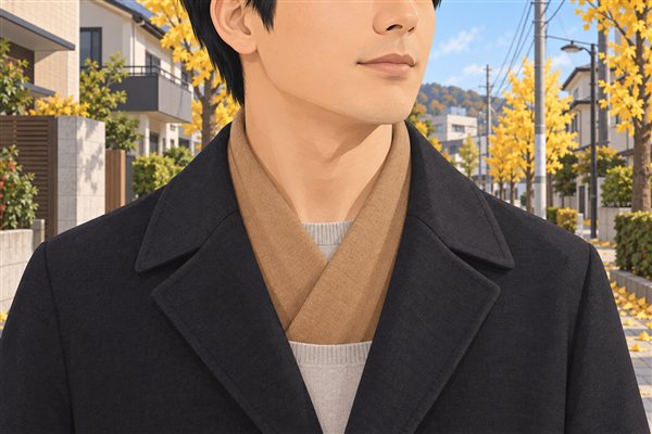 超短いマフラーを首に掛けてコートに収めたイメージイラスト