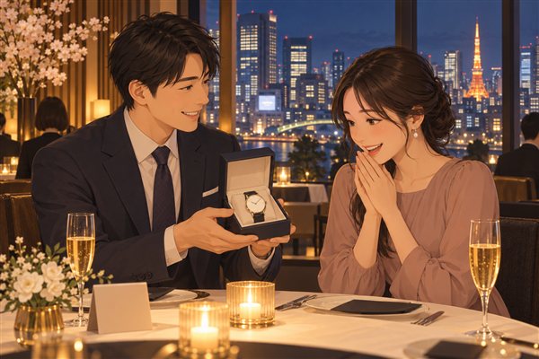 記念日に恋人へ腕時計を贈るイメージイラスト