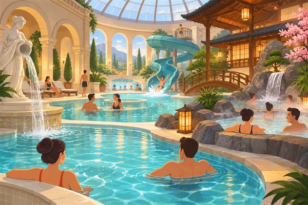 世界のお風呂をテーマにした温泉施設のイメージイラスト