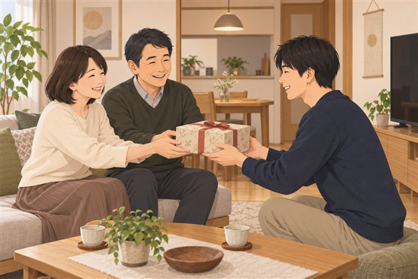 親から成人した息子へ贈り物を渡すイメージイラスト
